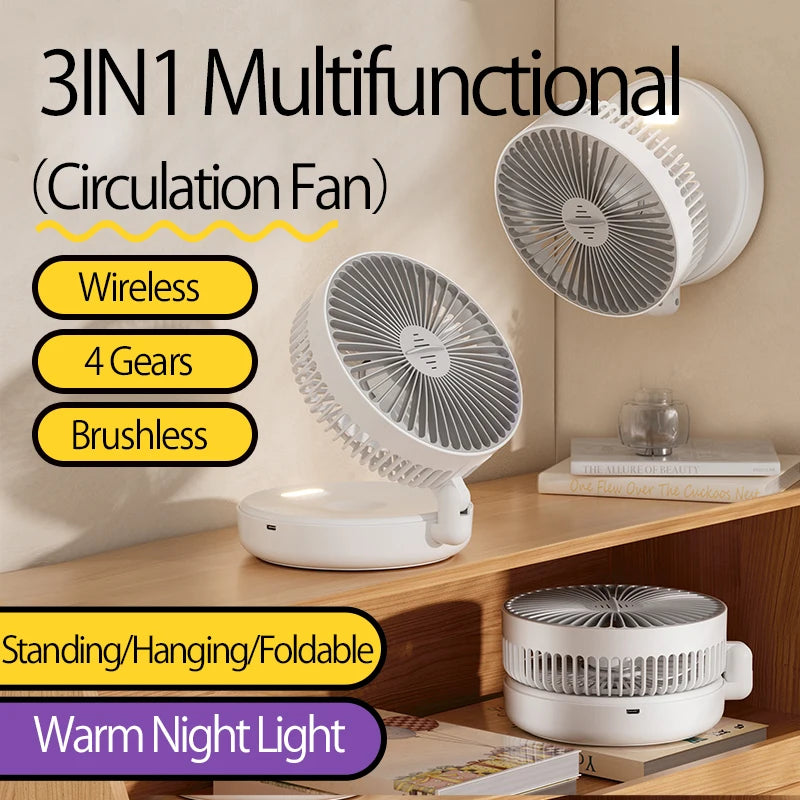 2024 New 5000Mah Rechargeable 3IN1 Multifunctional Portable Fan Wall Mounted Fan 90° Folding Fan 4 Gears with Warm Night Light
