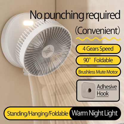 2024 New 5000Mah Rechargeable 3IN1 Multifunctional Portable Fan Wall Mounted Fan 90° Folding Fan 4 Gears with Warm Night Light