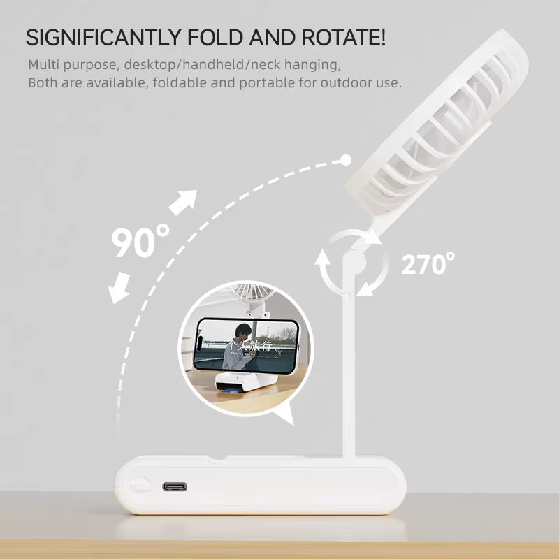 Handheld Mini Fan 1800Mah Foldable Portable Desk Outdoor Neck Hanging 5 Speed USB Rechargeable Fan Phone Stand Display Screen