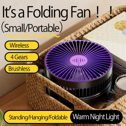 2024 New 5000Mah Rechargeable 3IN1 Multifunctional Portable Fan Wall Mounted Fan 90° Folding Fan 4 Gears with Warm Night Light